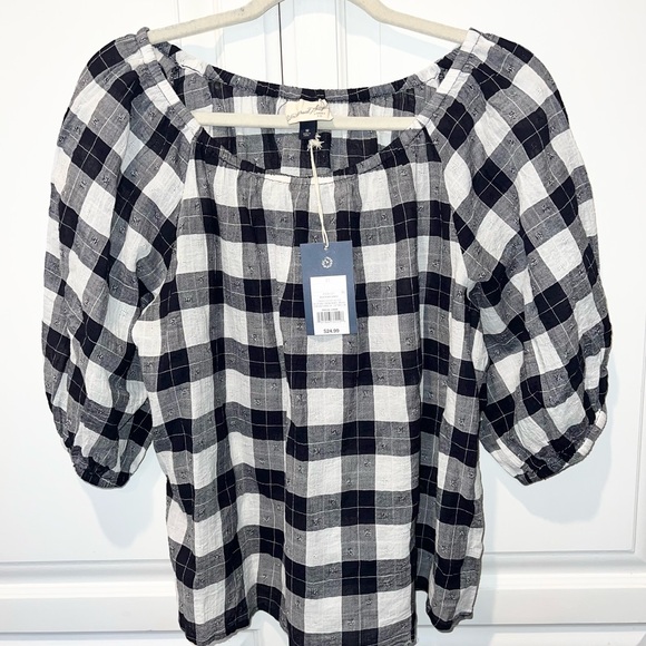 Cottagecore Puff Sleeve Gingham Plaid Off Shoulder Boho Top M - Picture 8 of 11